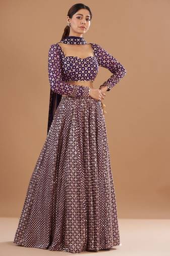 Wine Zari and Sequin Embroidered Faux Georgette Indian Party Wear Lehenga Choli
