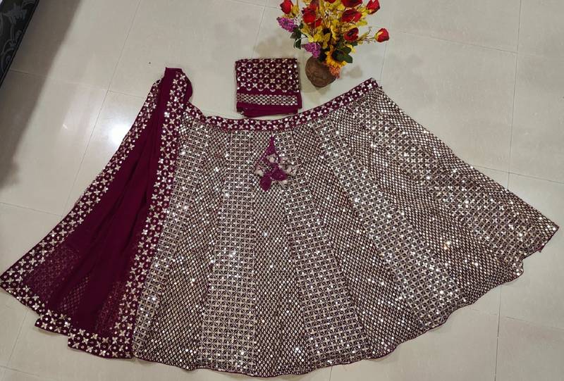 Wine Zari and Sequin Embroidered Faux Georgette Indian Party Wear Lehenga Choli