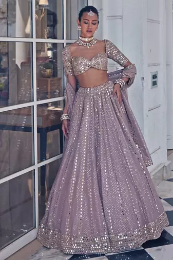 Baby Pink Zari and Sequin Embroidered Faux Georgette Indian Party Wear Lehenga Choli