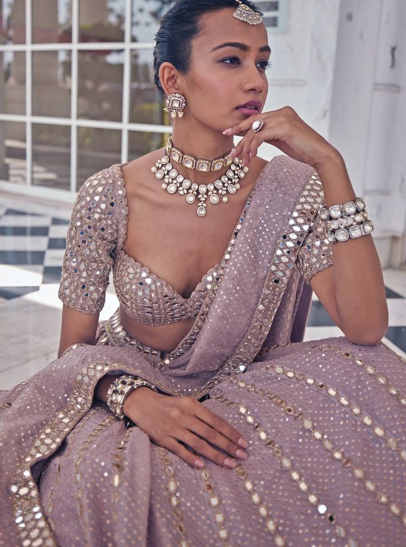 Baby Pink Zari and Sequin Embroidered Faux Georgette Indian Party Wear Lehenga Choli