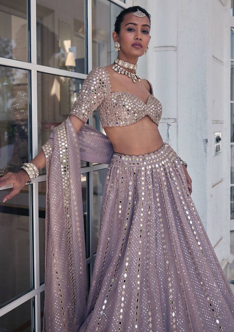 Baby Pink Zari and Sequin Embroidered Faux Georgette Indian Party Wear Lehenga Choli