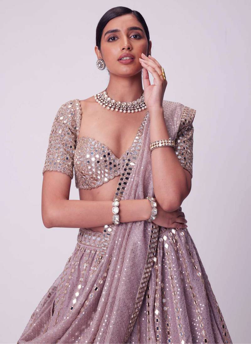 Ash Pink 3mm Sequin and Paper Foil Mirror Embroidered Semi Viscose Organza Indian Wedding Lehenga Choli
