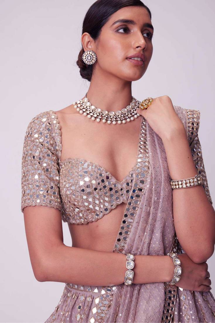 Ash Pink 3mm Sequin and Paper Foil Mirror Embroidered Semi Viscose Organza Indian Wedding Lehenga Choli