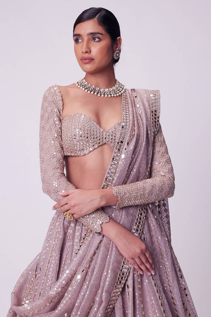 Ash Pink 3mm Sequin and Paper Foil Mirror Embroidered Semi Viscose Organza Indian Wedding Lehenga Choli
