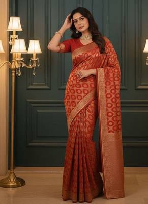 Red Banarasi Silk Blend Saree With Blouse For Women 1