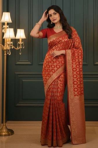Red Banarasi Silk Blend Saree With Blouse For Women