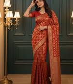 Red Banarasi Silk Blend Saree With Blouse For Women