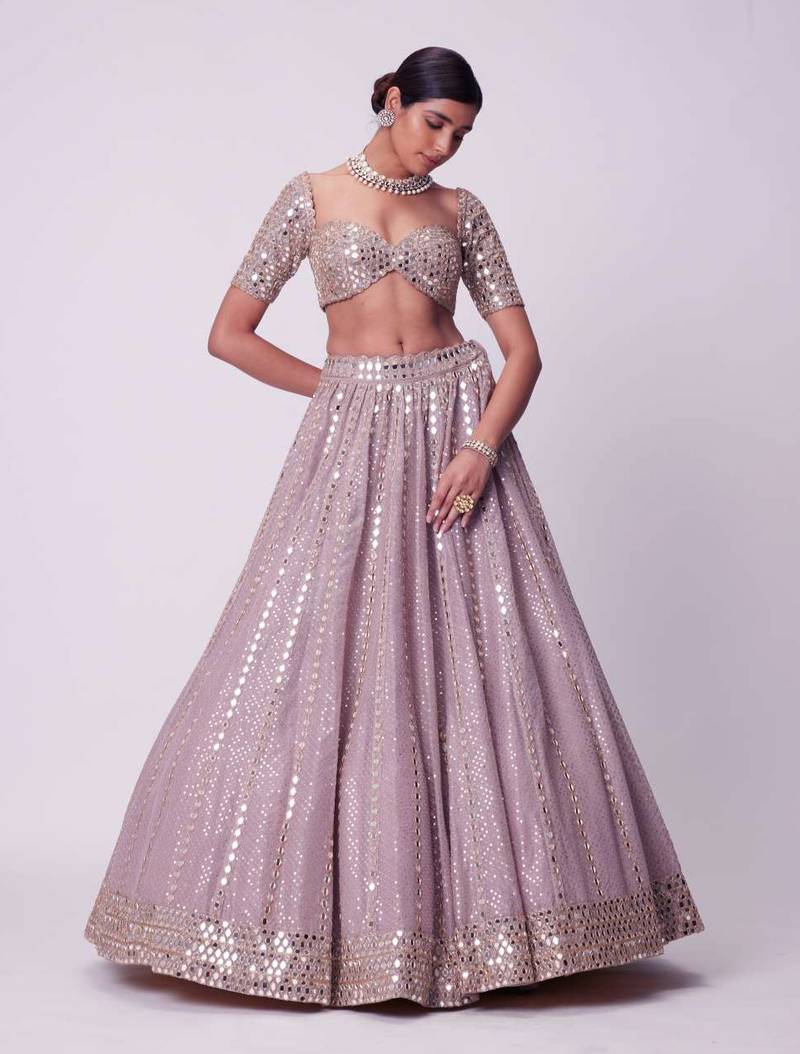 Ash Pink 3mm Sequin and Paper Foil Mirror Embroidered Semi Viscose Organza Indian Wedding Lehenga Choli