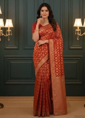 Red Banarasi Silk Blend Saree With Blouse For Women 2