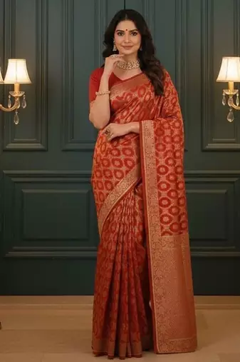 Red Banarasi Silk Blend Saree With Blouse For Women