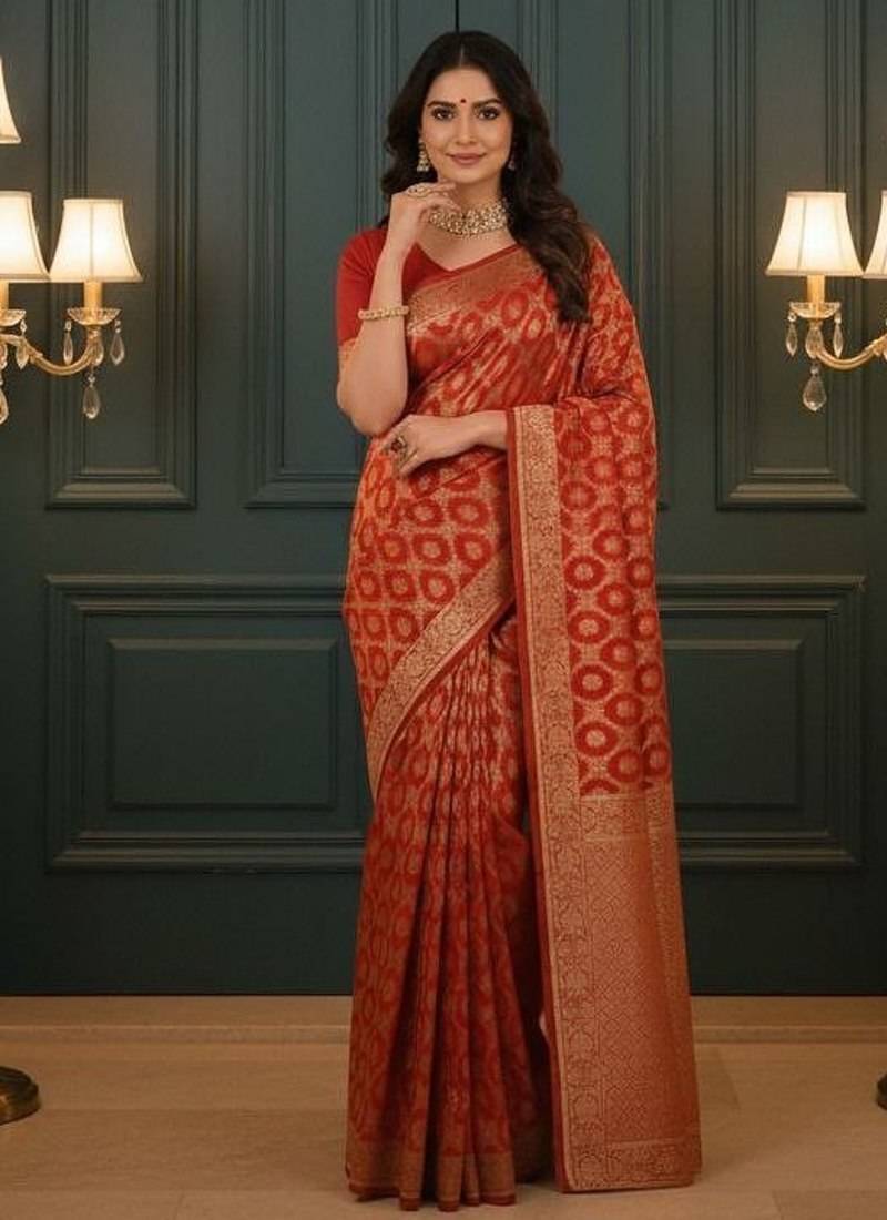 Red Banarasi Silk Blend Saree With Blouse For Women