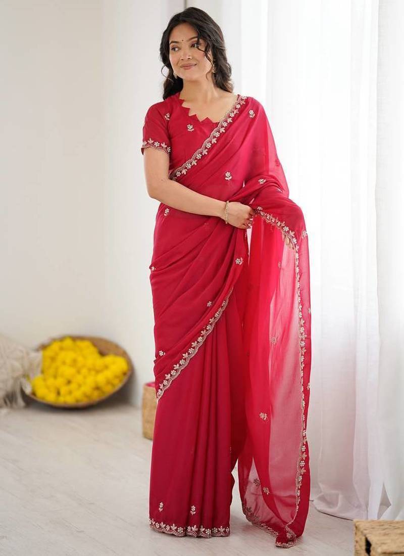 Rani Pink Georgette Saree With Embroidery & Moti Work And Unstitched Blouse Designer Saree For Festive Wear