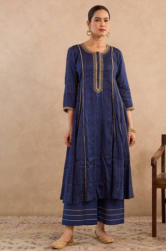 Blue embroidered silk anarkali set