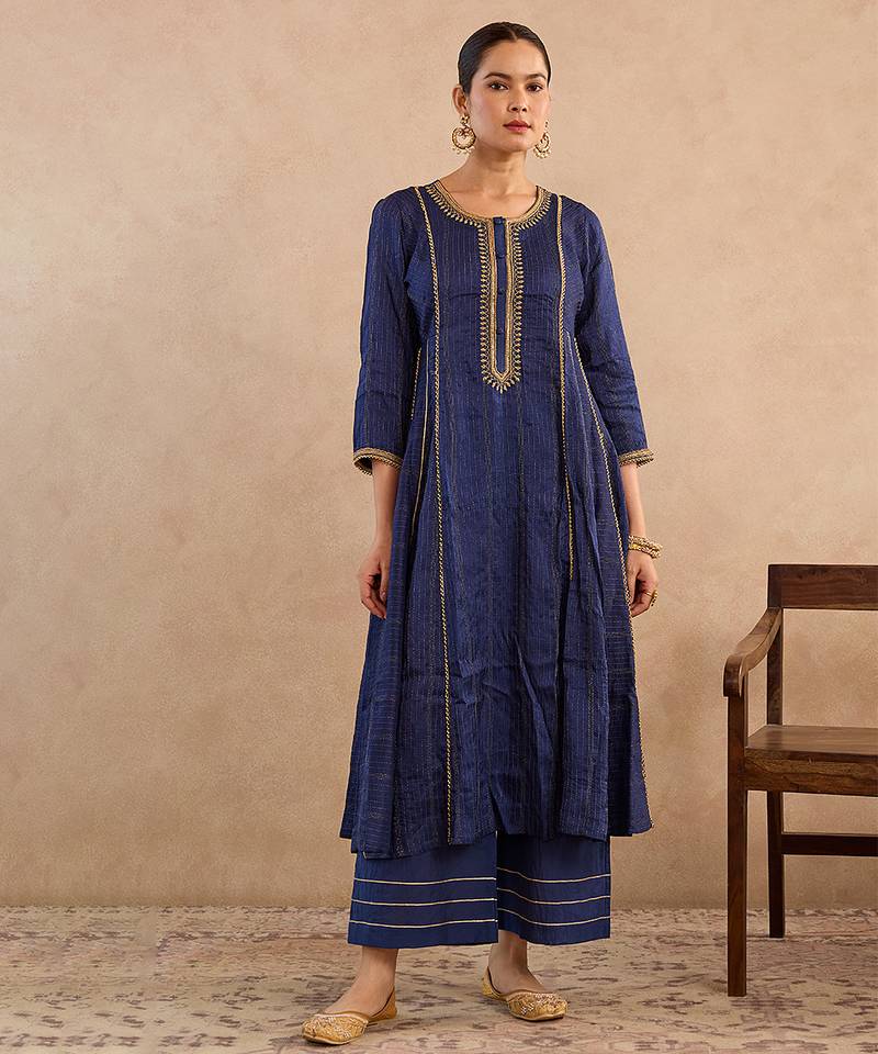 Blue embroidered silk anarkali set