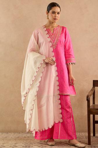 Pink embroidered raw silk kurta set