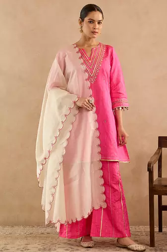 Pink embroidered raw silk kurta set