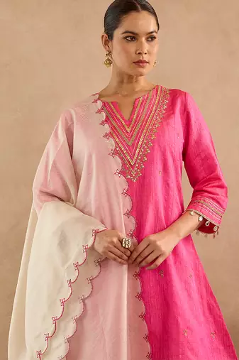 Pink embroidered raw silk kurta set