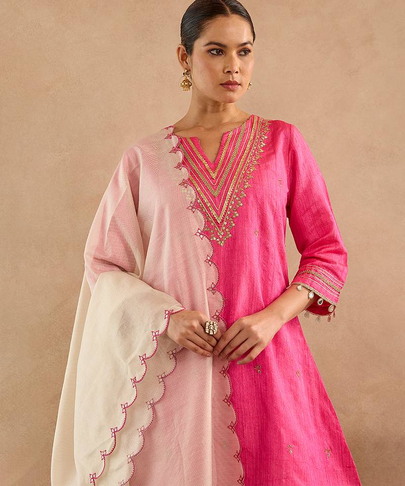 Pink embroidered raw silk kurta set