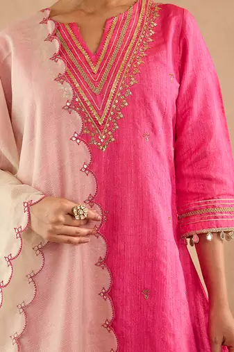 Pink embroidered raw silk kurta set
