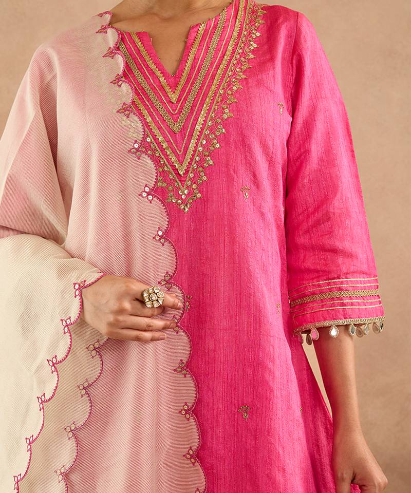 Pink embroidered raw silk kurta set