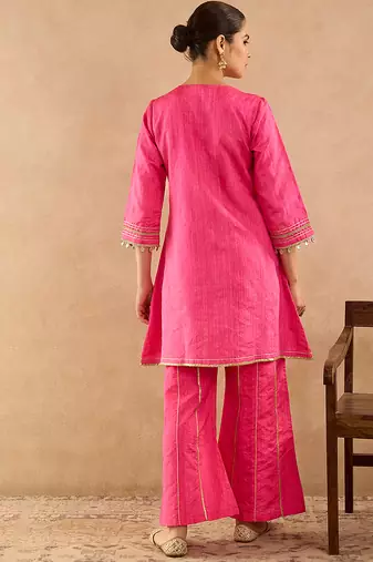 Pink embroidered raw silk kurta set