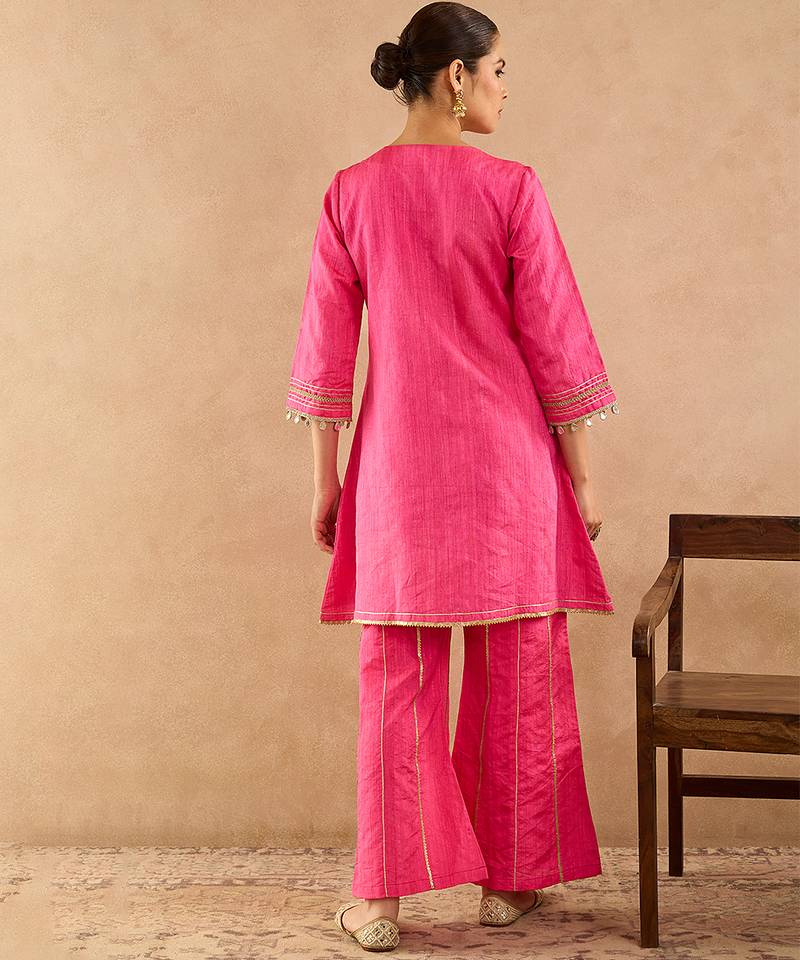 Pink embroidered raw silk kurta set