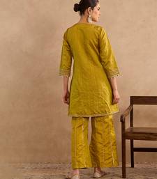 Green embroidered raw silk kurta set