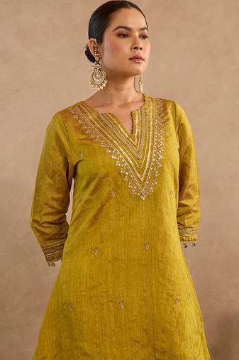 Green embroidered raw silk kurta set