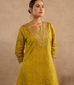 Green embroidered raw silk kurta set