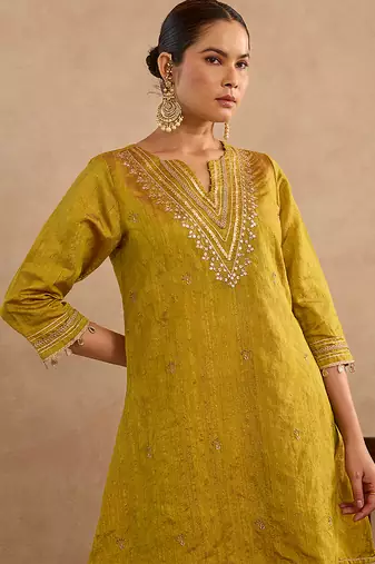 Green embroidered raw silk kurta set