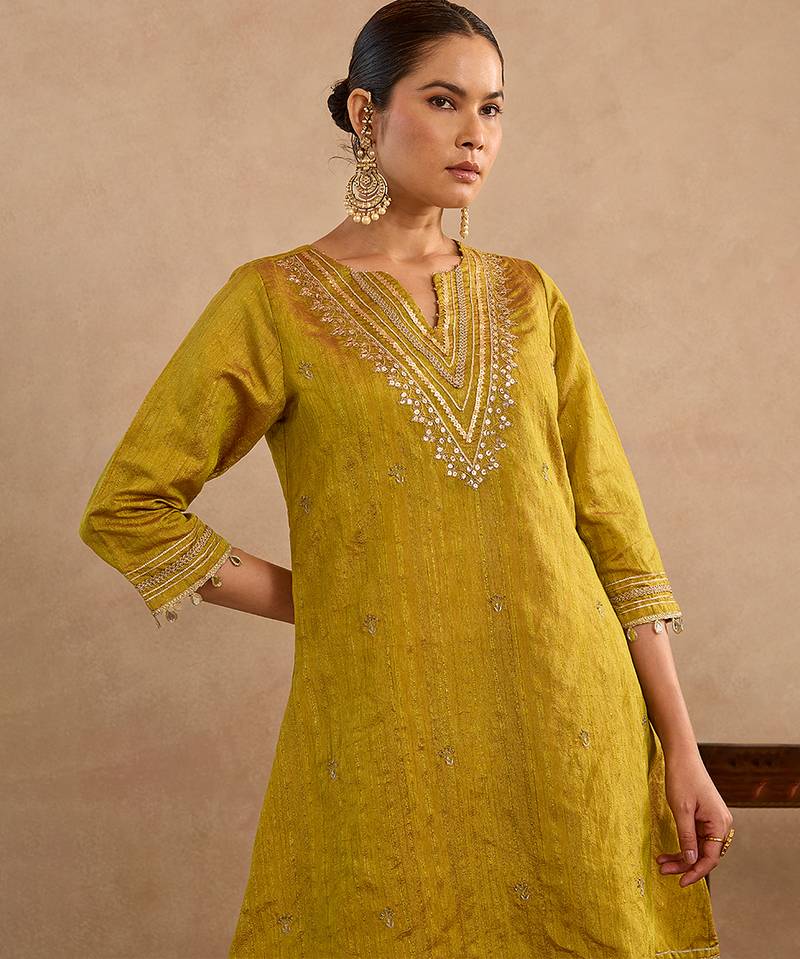 Green embroidered raw silk kurta set