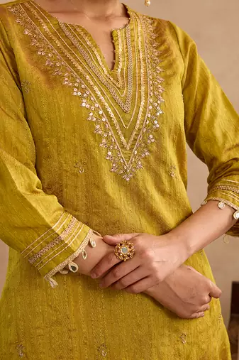 Green embroidered raw silk kurta set