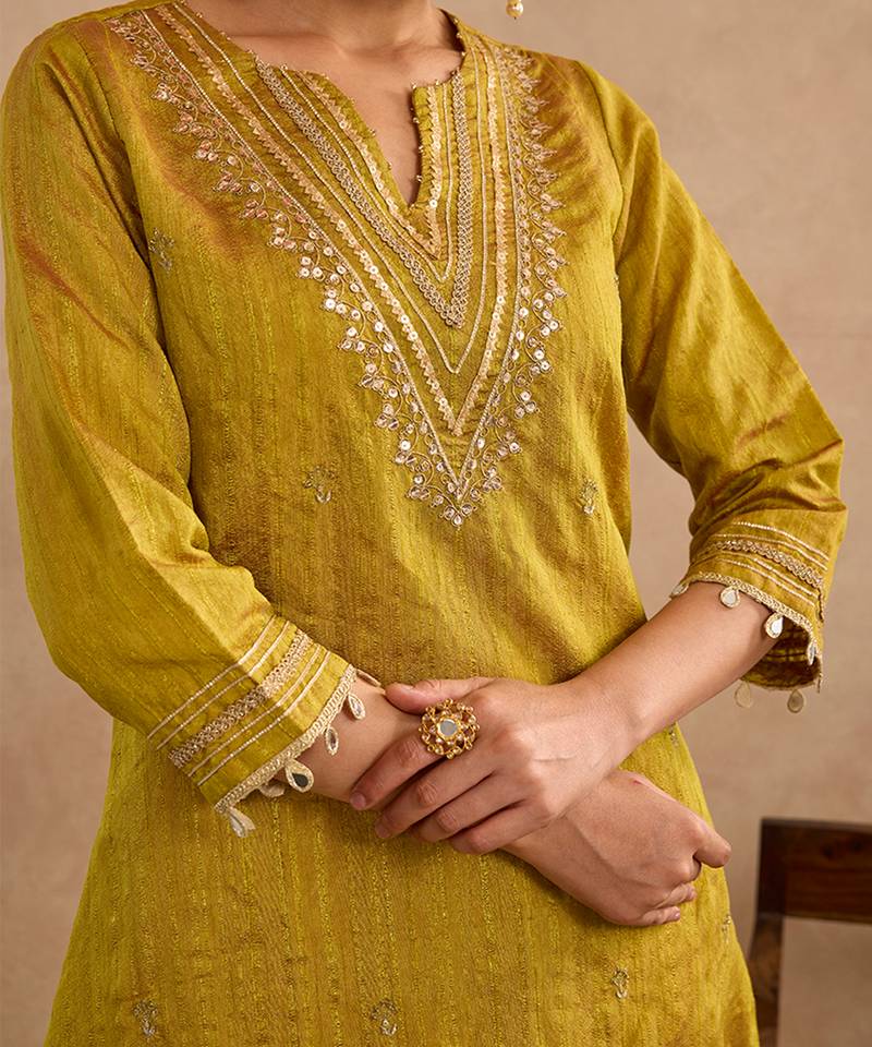 Green embroidered raw silk kurta set