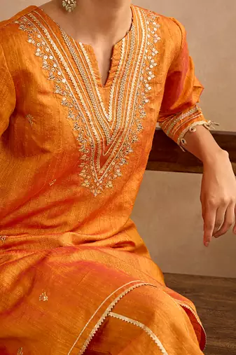 Orange embroidered raw silk kurta set