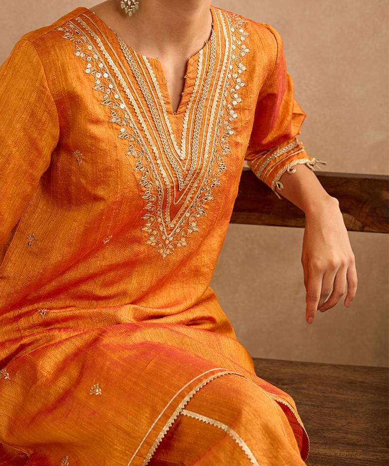 Orange embroidered raw silk kurta set