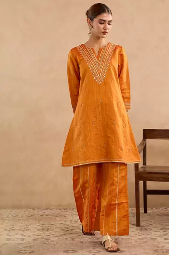 Orange embroidered raw silk kurta set