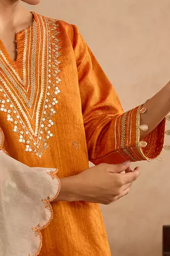 Orange embroidered raw silk kurta set