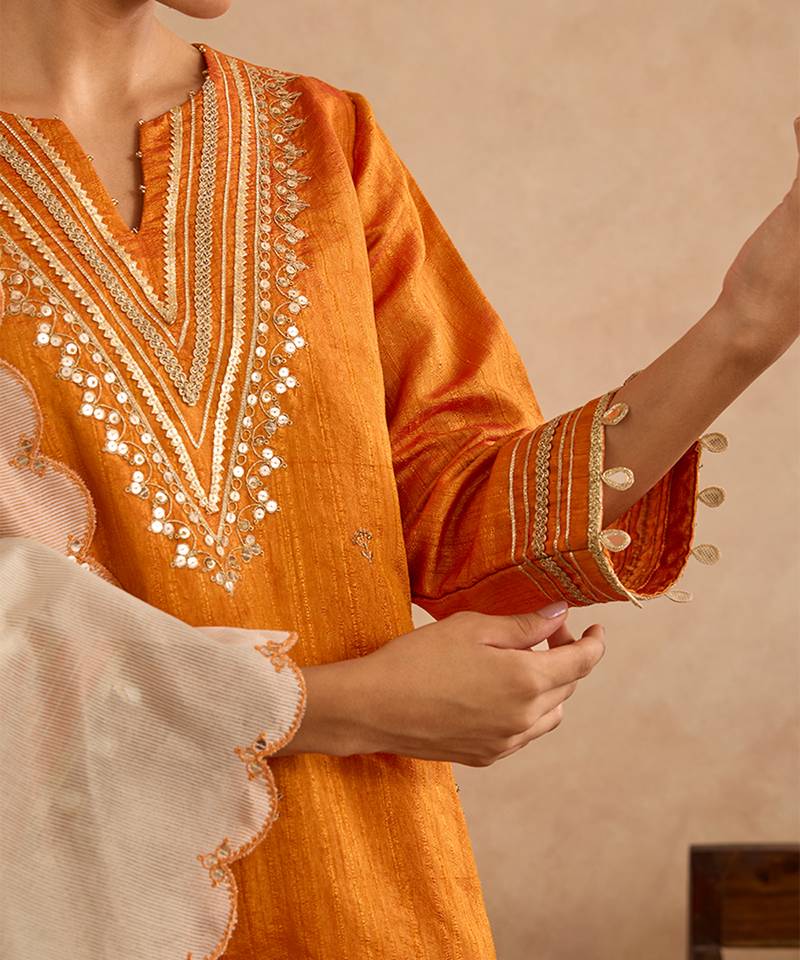Orange embroidered raw silk kurta set