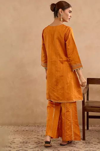 Orange embroidered raw silk kurta set