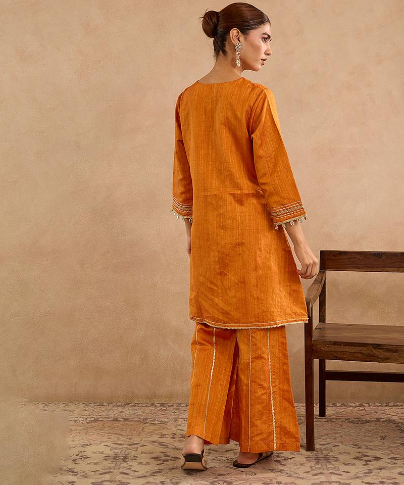 Orange embroidered raw silk kurta set
