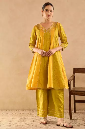 Yellow embroidered raw silk anarkali set
