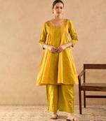 Yellow embroidered raw silk anarkali set