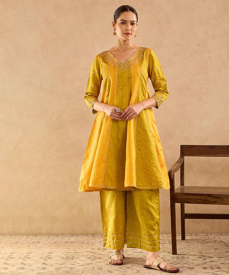 Yellow embroidered raw silk anarkali set