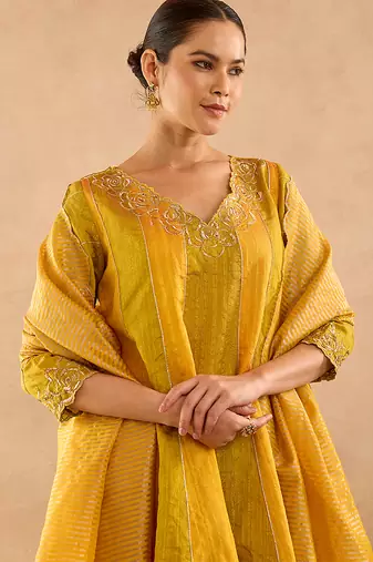 Yellow embroidered raw silk anarkali set