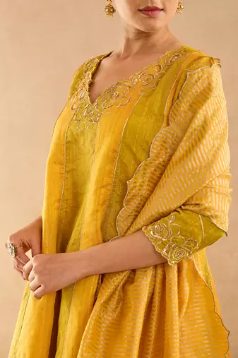 Yellow embroidered raw silk anarkali set
