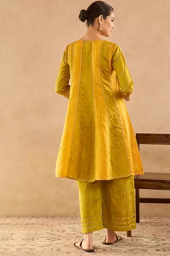 Yellow embroidered raw silk anarkali set