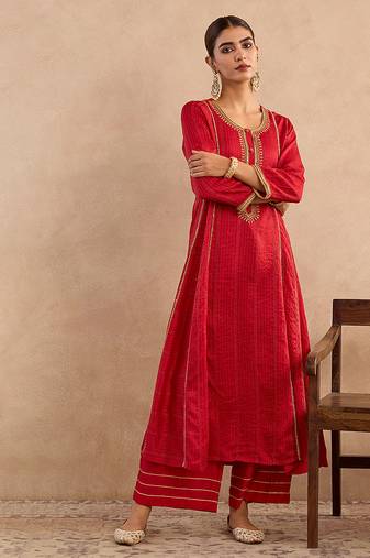 Red embroidered silk anarkali set