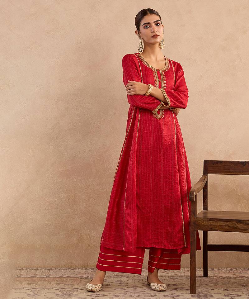 Red embroidered silk anarkali set