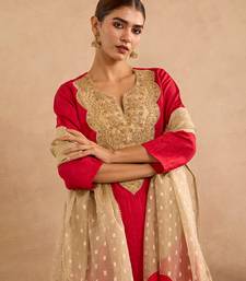 Red embroidered raw silk kurta set