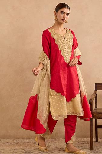 Red embroidered raw silk kurta set
